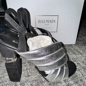 Balmain Jana Silver leather and Black suede Strappy Heels - size 39 (US8)